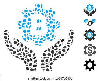 Mosaico distorsionado basado en las manos de los engranajes de Bitcoin. Vector mosaico Las manos de cuidado de engranajes de bitcoin se crean con elementos de elipse aleatorios. Se agregan iconos de bonificación.