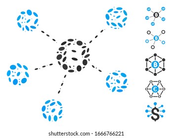 Mosaico distorsionado basado en la red Bitcoin Dash. La red Bitcoin Dash vector mosaico se crea con elementos ovales dispersos. Se agregan iconos de bonificación.