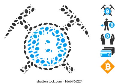 Dotted Mosaic based on Bitcoin mining hammers. Mosaic vector Bitcoin mining hammers is formed with random elliptic elements. Bonus icons are added.