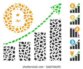 Dotted Mosaic based on Bitcoin growing trend. Mosaic vector Bitcoin growing trend is formed with randomized elliptic dots. Bonus icons are added.