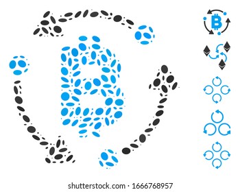 Dotted Mosaic based on Bitcoin rotation. Mosaic vector Bitcoin rotation is created with random oval spots. Bonus icons are added.