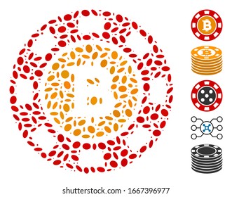 Dotted Mosaic based on Bitcoin casino chip. Mosaic vector Bitcoin casino chip is designed with randomized ellipse spots. Bonus icons are added.