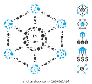 Mosaico distorsionado basado en la red del Euro Bitcoin. Vector mosaico Bitcoin La red Euro se forma con puntos ovales aleatorios. Se agregan iconos de bonificación.