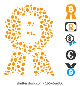 Dotted Mosaic based on Bitcoin certificate seal. Mosaic vector Bitcoin certificate seal is formed with scattered elliptic elements. Bonus icons are added.