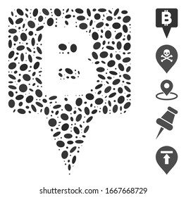 Dotted Mosaic based on Bitcoin map pointer. Mosaic vector Bitcoin map pointer is created with randomized oval elements. Bonus icons are added.