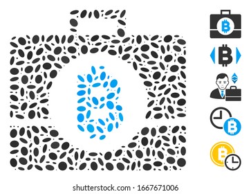 Dotted Mosaic basierend auf Bitcoin Business Case. Mosaik Vektorillustration Bitcoin Business Case ist mit verstreuten ovalen Artikeln entworfen. Bonussymbole werden hinzugefügt.