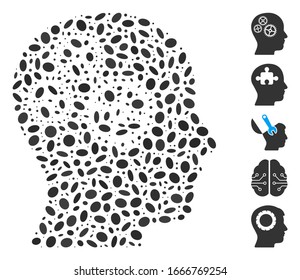 Dotted Mosaic based on brain gears. Mosaic vector brain gears is formed with scattered ellipse elements. Bonus icons are added.