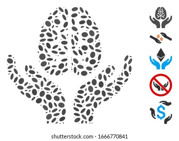 Dotted Mosaic based on brain care hands. Mosaic vector brain care hands is designed with scattered oval items. Bonus icons are added.