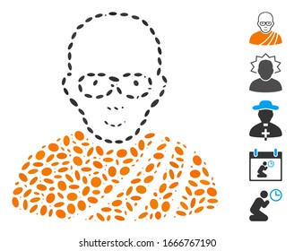 Mosaico distorsionado basado en monje budista. El monje budista vector mosaico se crea con puntos elípticos aleatorios. Se agregan iconos de bonificación.