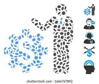 Dotted Mosaic based on businessman options. Mosaic vector businessman options is formed with scattered oval dots. Bonus icons are added.