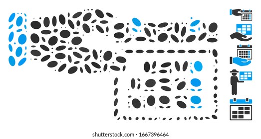 Dotted Mosaic based on calendar properties hand. Mosaic vector calendar properties hand is formed with scattered ellipse dots. Bonus icons are added.
