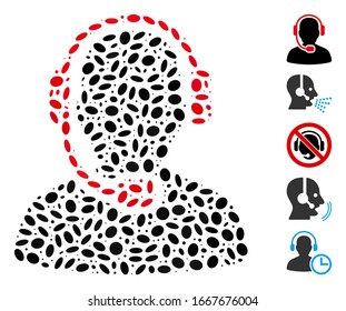 Dotted Mosaic based on call center operator. Mosaic vector call center operator is designed with scattered elliptic spots. Bonus icons are added.