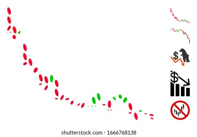 Dotted Mosaic based on candlestick chart falling slowdown. Mosaic vector candlestick chart falling slowdown is formed with randomized elliptic dots. Bonus icons are added.