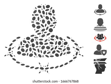 Dotted Mosaic based on captured man. Mosaic vector captured man is designed with scattered oval elements. Bonus icons are added.