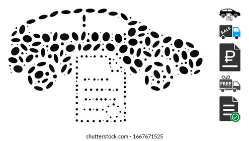 Dotted Mosaic based on car sale contract. Mosaic vector car sale contract is created with random ellipse spots. Bonus icons are added.