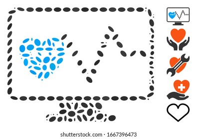 Dotted Mosaic based on cardio monitoring. Mosaic vector cardio monitoring is designed with randomized ellipse elements. Bonus icons are added.