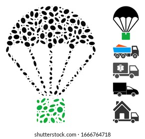 Dotted Mosaic based on cargo parachute. Mosaic vector cargo parachute is created with scattered oval elements. Bonus icons are added.