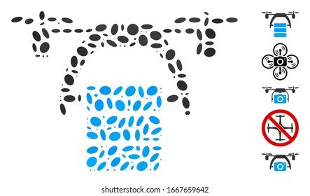 Dotted Mosaic based on cargo drone. Mosaic vector cargo drone is composed with scattered oval items. Bonus icons are added.