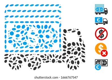 Dotted Mosaic based on cash lorry. Mosaic vector cash lorry is composed with scattered ellipse elements. Bonus icons are added.