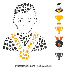 Gedotter Mosaik auf der Basis des Meisters. Mosaik Vektorillustration Champion ist mit randomisierten Ellipsenelementen konzipiert. Bonussymbole werden hinzugefügt.