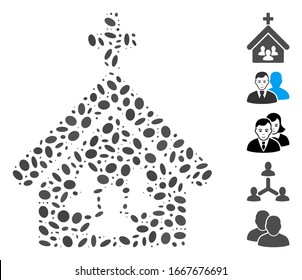Mosaico distorsionado basado en la gente de la iglesia. La gente de la iglesia vectorial mosaico se forma con elementos de elipse aleatorizados. Se agregan iconos de bonificación.