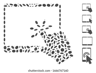 Dotted Mosaic based on click mobile tablet. Mosaic vector click mobile tablet is designed with randomized elliptic items. Bonus icons are added.