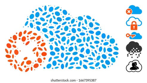 Dotted Mosaic based on close cloud. Mosaic vector close cloud is formed with randomized elliptic items. Bonus icons are added.