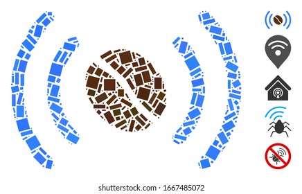 Dotted Mosaic based on coffee wifi spot. Mosaic vector coffee wifi spot is formed with scattered rectangle items. Bonus icons are added.