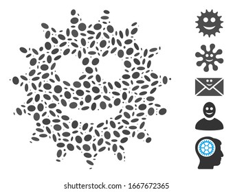 Dotted Mosaik auf der Grundlage von cog Lächeln. Mosaikisches Vektorillustration-Cog-Lächeln besteht aus randomisierten elliptischen Elementen. Bonussymbole werden hinzugefügt.