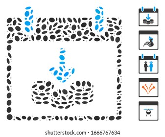 Dotted Mosaic based on coins income calendar day. Mosaic vector coins income calendar day is designed with randomized elliptic items. Bonus icons are added.