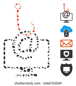 Dotted Mosaic based on computer email phishing. Mosaic vector computer email phishing is designed with scattered ellipse elements. Bonus icons are added.