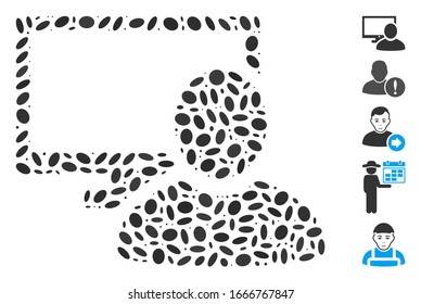 Dotted Mosaic based on computer user. Mosaic vector computer user is formed with scattered elliptic items. Bonus icons are added.