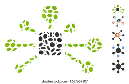 Mosaico distorsionado basado en las relaciones de conexión. Las relaciones de conexión de vector mosaico se diseñan con elementos de elipse dispersos. Se agregan iconos de bonificación.