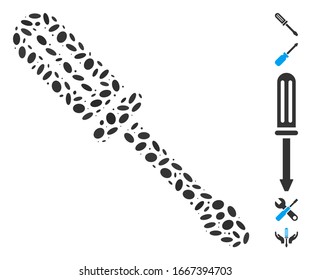Dotted Mosaic based on contour screwdriver. Mosaic vector contour screwdriver is composed with randomized ellipse elements. Bonus icons are added.