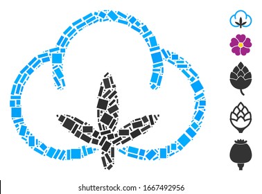 Dotted Mosaic based on cotton flower. Mosaic vector cotton flower is designed with random rectangle dots. Bonus icons are added.