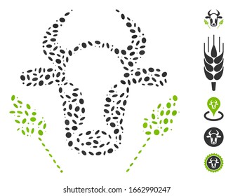 Dotted Mosaic based on cow and wheat agriculture. Mosaic vector cow and wheat agriculture is created with randomized oval spots.