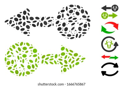 Dotted Mosaic based on cow exchange arrows. Mosaic vector cow exchange arrows is formed with randomized elliptic items. Bonus icons are added.