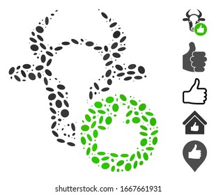 Mosaico desechado basado en el pulgar de vaca arriba. El pulgar vectorial de vaca mosaico está diseñado con puntos elípticos aleatorizados. Se agregan iconos de bonificación.
