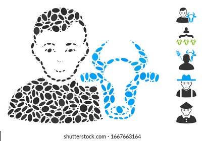 Dotted Mosaic based on cow farmer. Mosaic vector cow farmer is formed with scattered ellipse items. Bonus icons are added.
