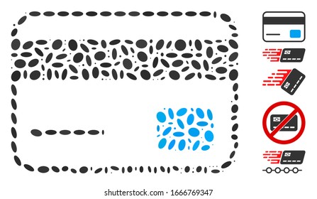 Dotted Mosaic based on credit card. Mosaic vector credit card is created with scattered ellipse items. Bonus icons are added.