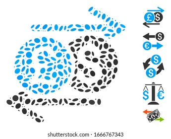 Dotted Mosaic based on currency exchange. Mosaic vector currency exchange is created with scattered elliptic dots. Bonus icons are added.