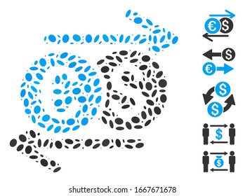 Dotted Mosaic based on currency exchange. Mosaic vector currency exchange is composed with random ellipse items. Bonus icons are added.