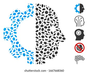 Dotted Mosaic based on cyborg head. Mosaic vector cyborg head is formed with scattered oval dots. Bonus icons are added.