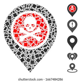 Dotted Mosaic based on dangerous zone pointer. Mosaic vector dangerous zone pointer is created with scattered rectangle spots. Bonus icons are added.