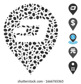 Dotted Mosaic based on Dash pin. Mosaic vector Dash pin is composed with scattered elliptic spots. Bonus icons are added.