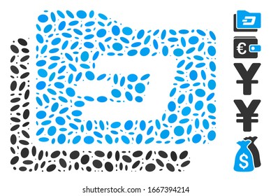 Mosaico distorsionado basado en el monedero Dash. El monedero Dash vectorial mosaico se crea con puntos de elipse aleatorizados. Se agregan iconos de bonificación.