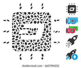 Dotted Mosaic based on Dash processor chip. Mosaic vector Dash processor chip is formed with randomized oval items. Bonus icons are added.