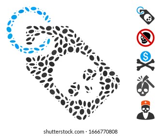 Dotted Mosaic based on death skull tag. Mosaic vector death skull tag is designed with random elliptic dots. Bonus icons are added.