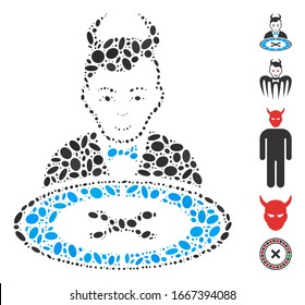 Dotted Mosaic based on devil roulette dealer. Mosaic vector devil roulette dealer is composed with randomized ellipse dots. Bonus icons are added.
