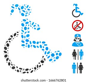 Dotted Mosaic based on disabled woman. Mosaic vector disabled woman is composed with scattered oval elements. Bonus icons are added.